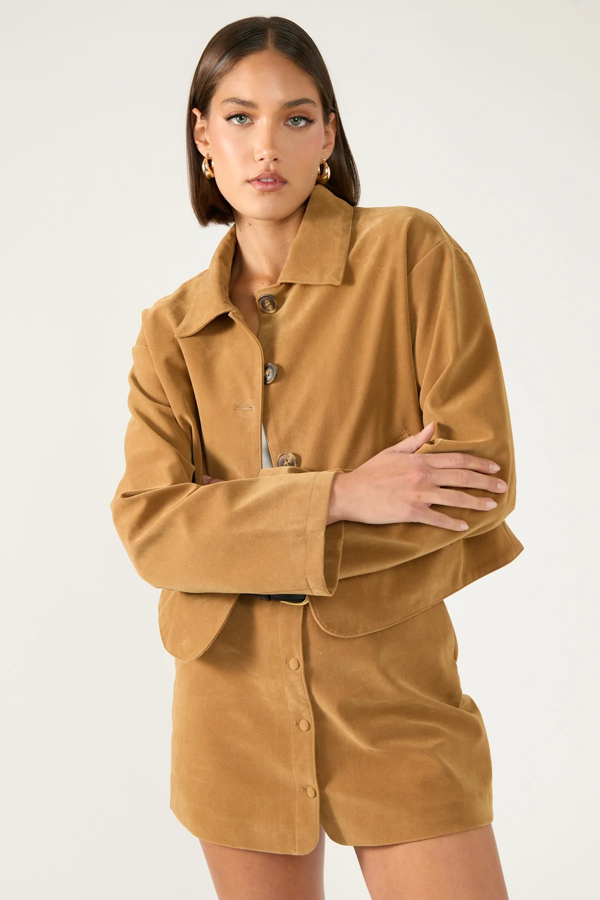 Perfect Stranger Amelie Faux Leather Suede Crop Jacket Tan - Image 2