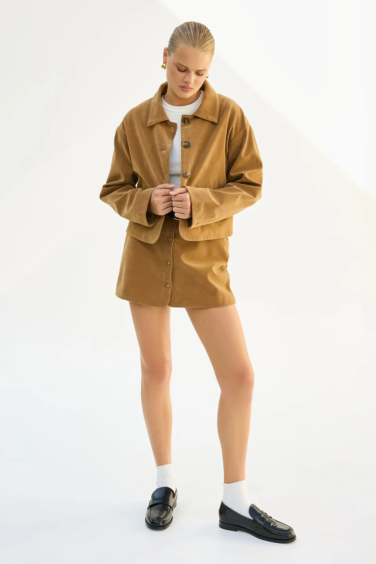 Perfect Stranger Amelie Faux Leather Suede Crop Jacket Tan - Image 3