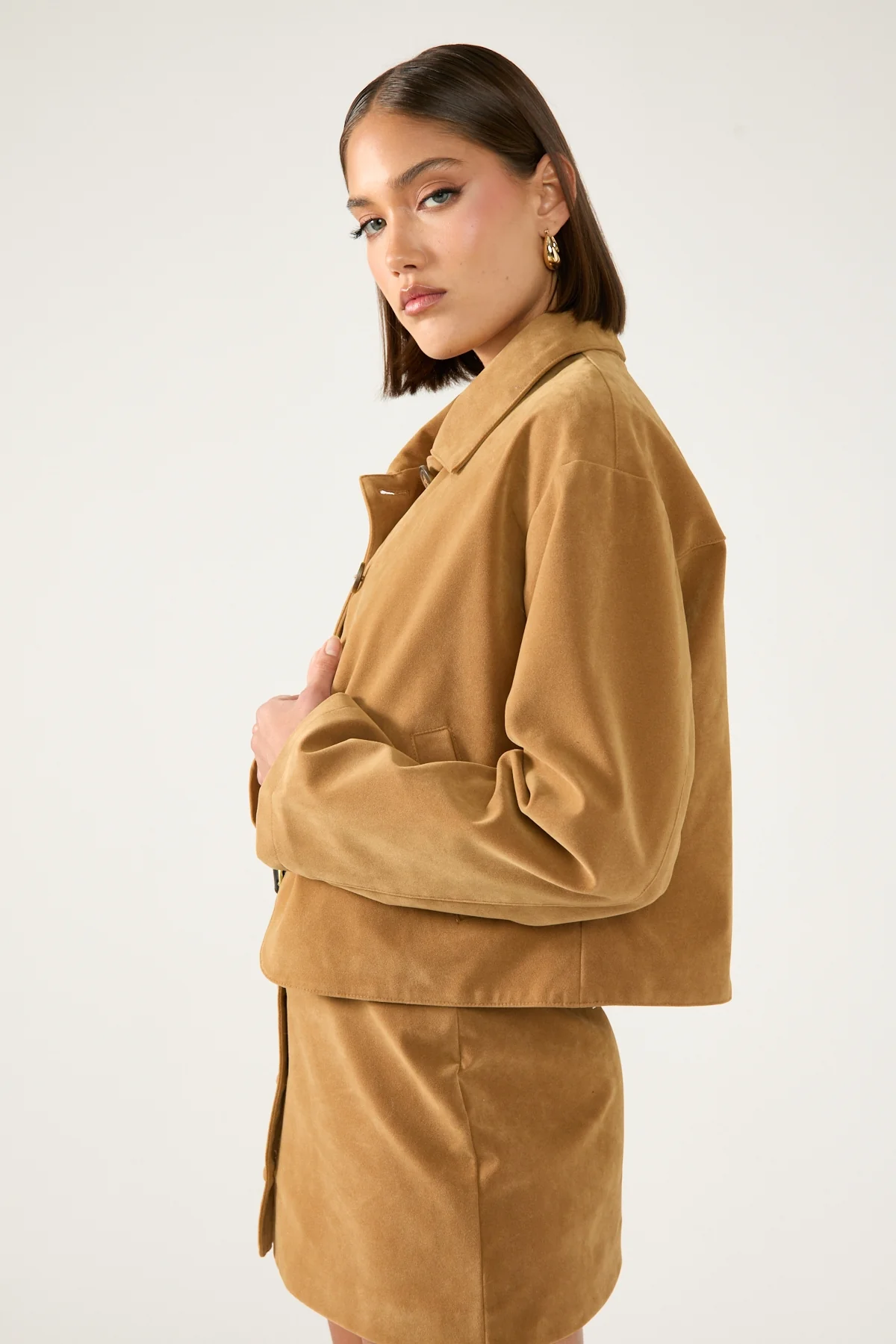 Perfect Stranger Amelie Faux Leather Suede Crop Jacket Tan - Image 4
