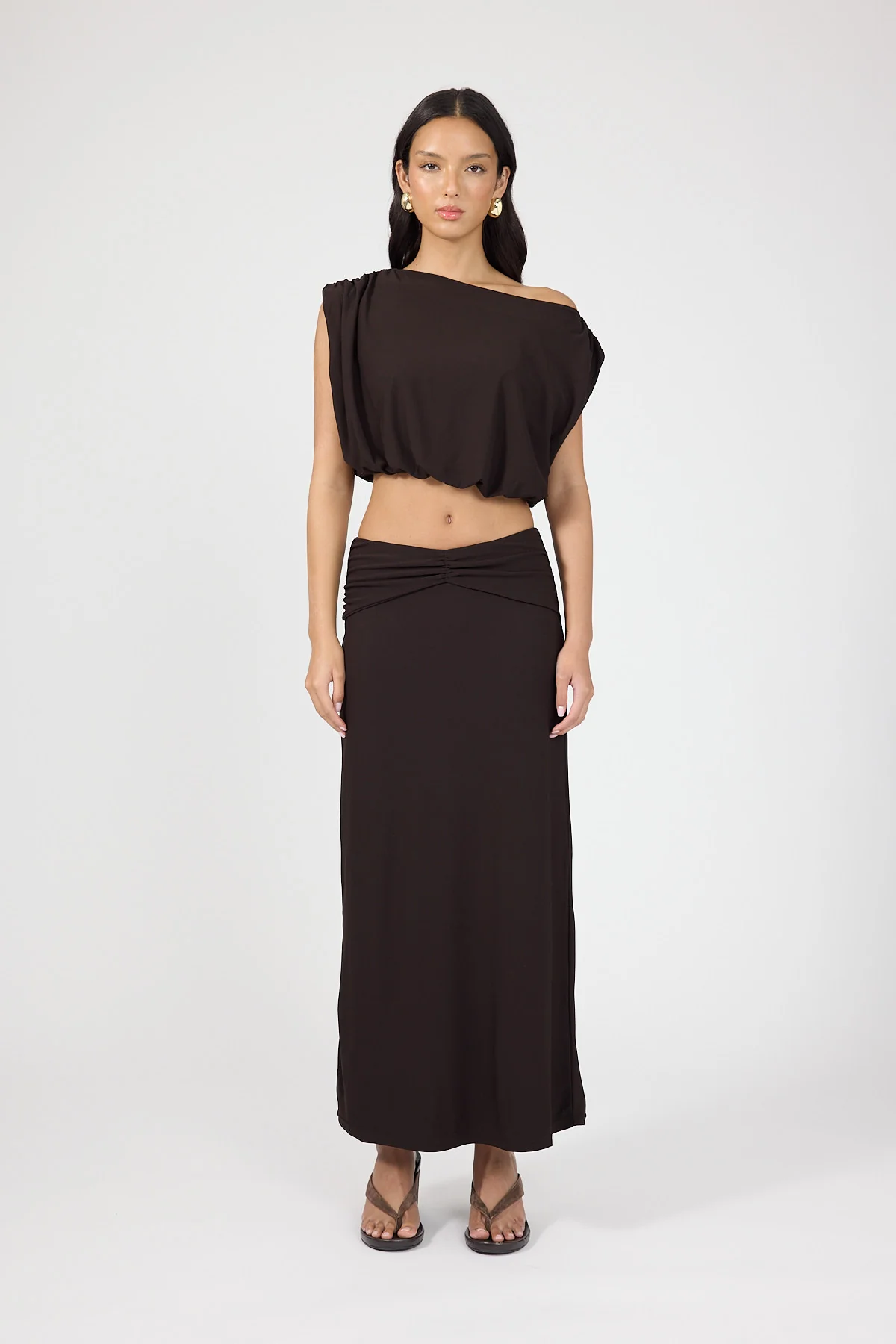 Perfect Stranger Ariana Off Shoulder Pleated Top Brown