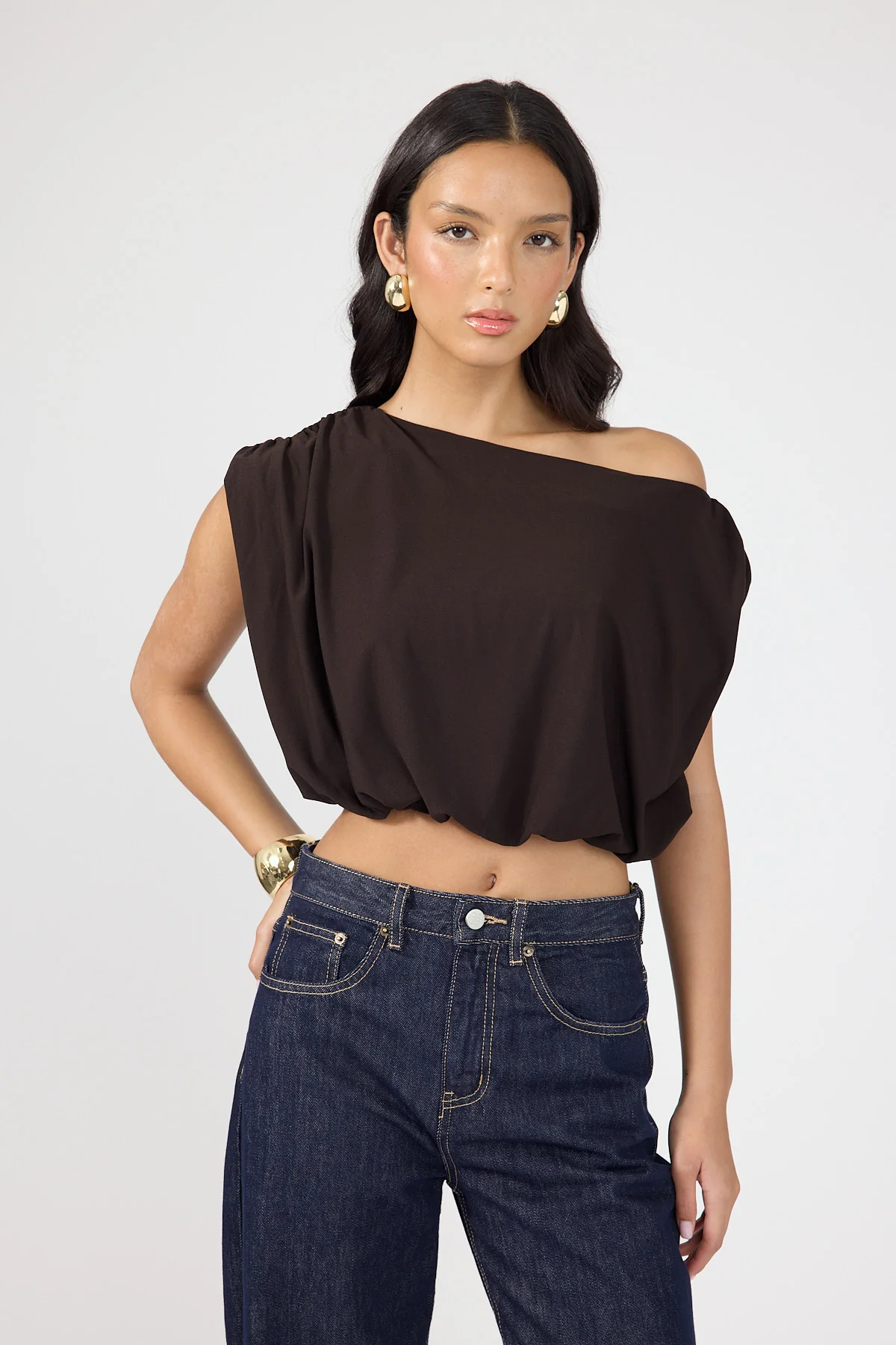 Perfect Stranger Ariana Off Shoulder Pleated Top Brown - Image 10