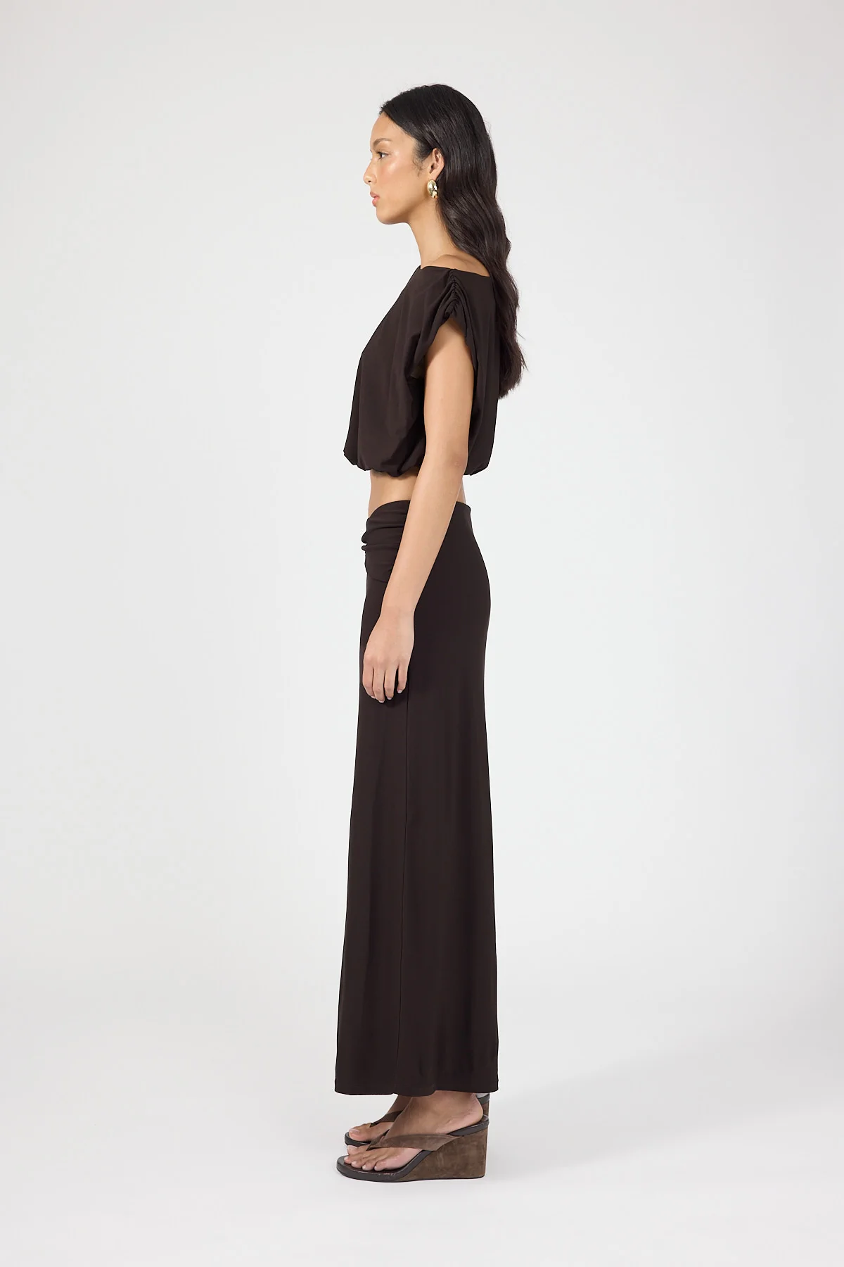 Perfect Stranger Ariana Off Shoulder Pleated Top Brown - Image 2