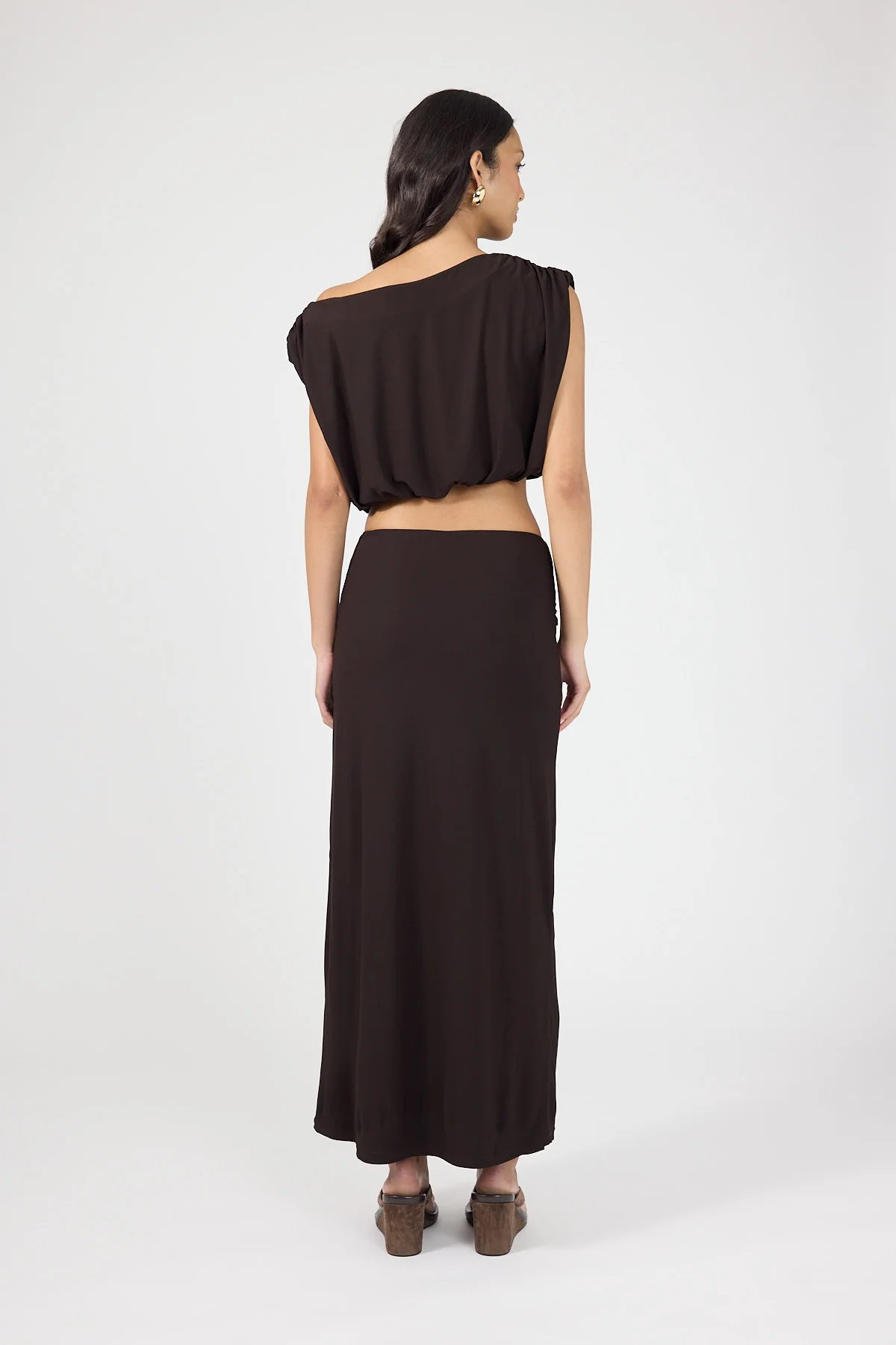 Perfect Stranger Ariana Off Shoulder Pleated Top Brown - Image 3