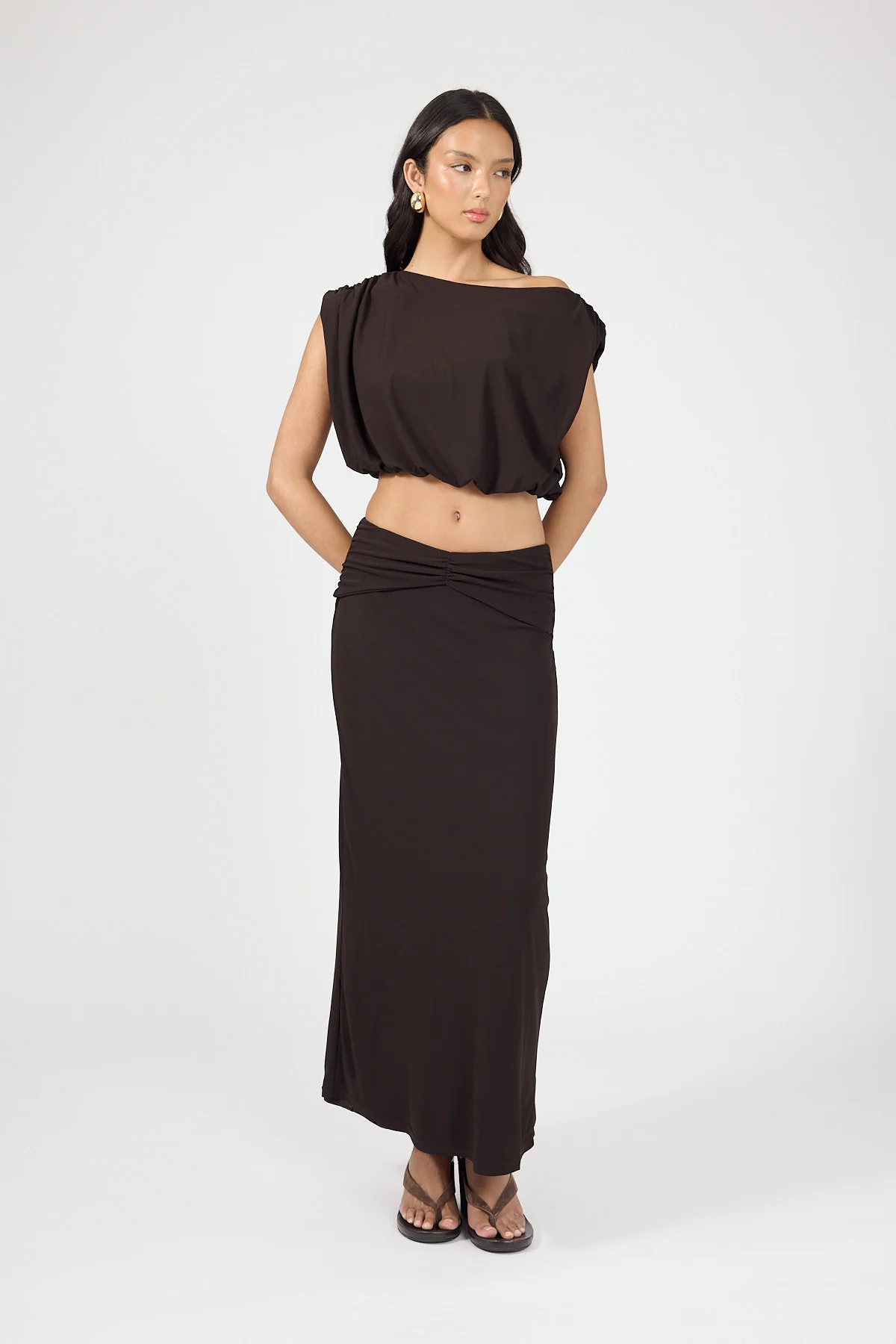 Perfect Stranger Ariana Off Shoulder Pleated Top Brown - Image 4