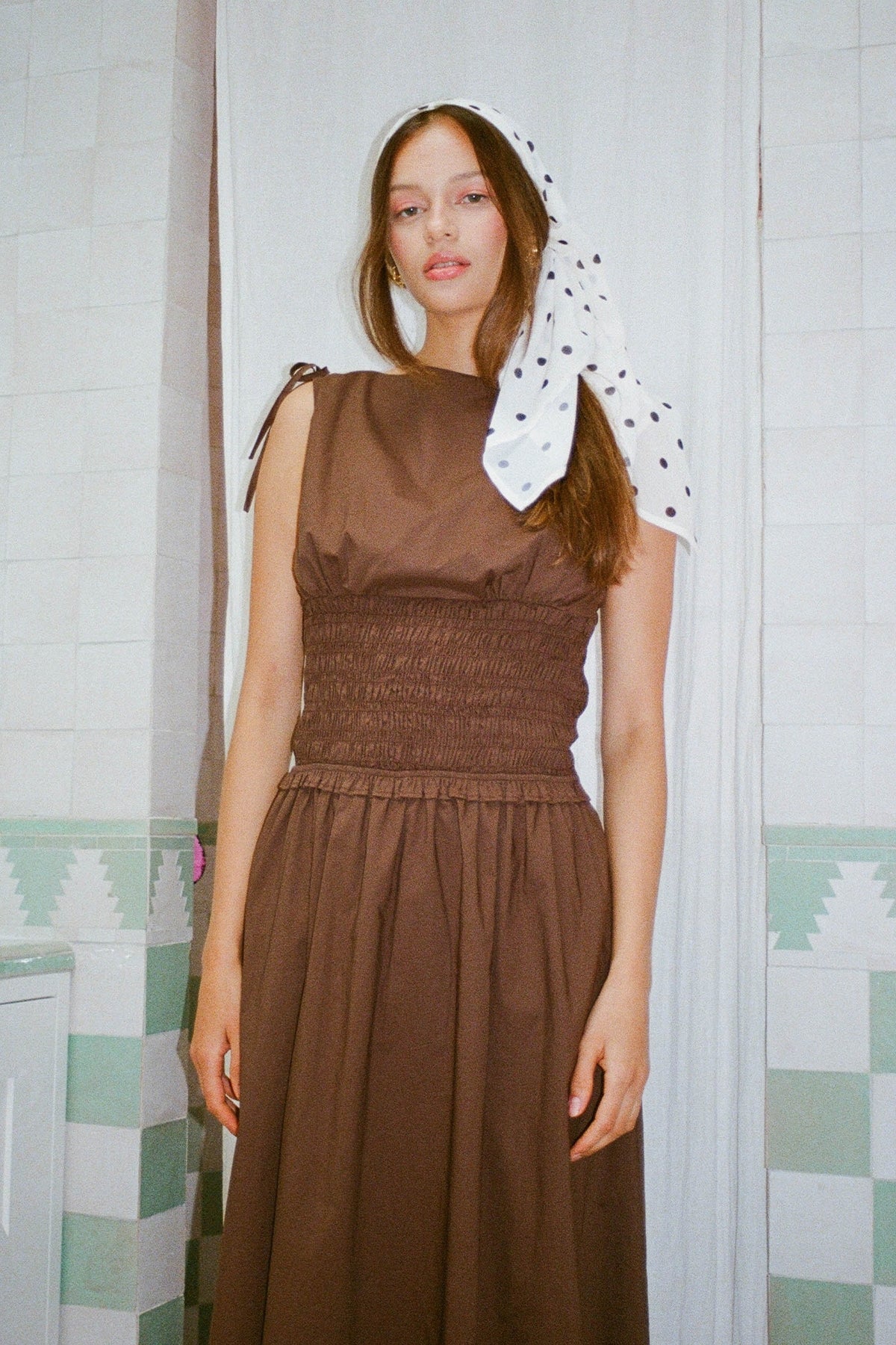 Perfect Stranger Bello Shirred Boat Neck Maxi Dress Brown - Image 3