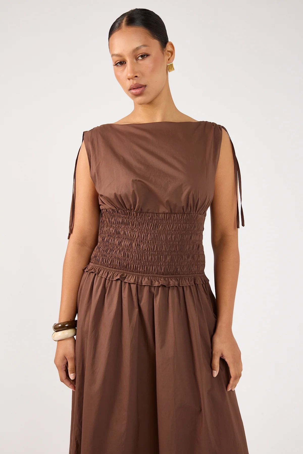 Perfect Stranger Bello Shirred Boat Neck Maxi Dress Brown - Image 4