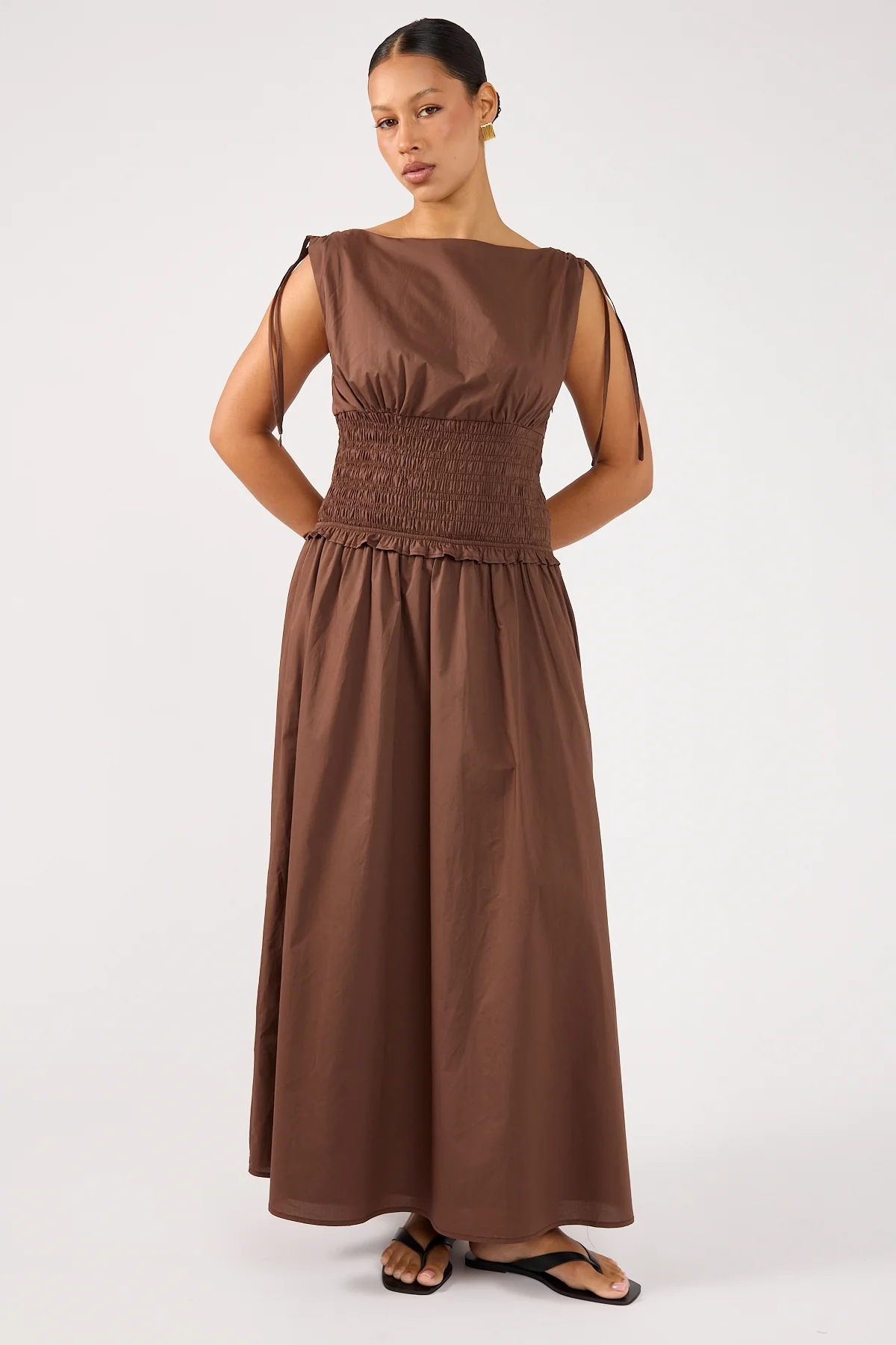 Perfect Stranger Bello Shirred Boat Neck Maxi Dress Brown - Image 6