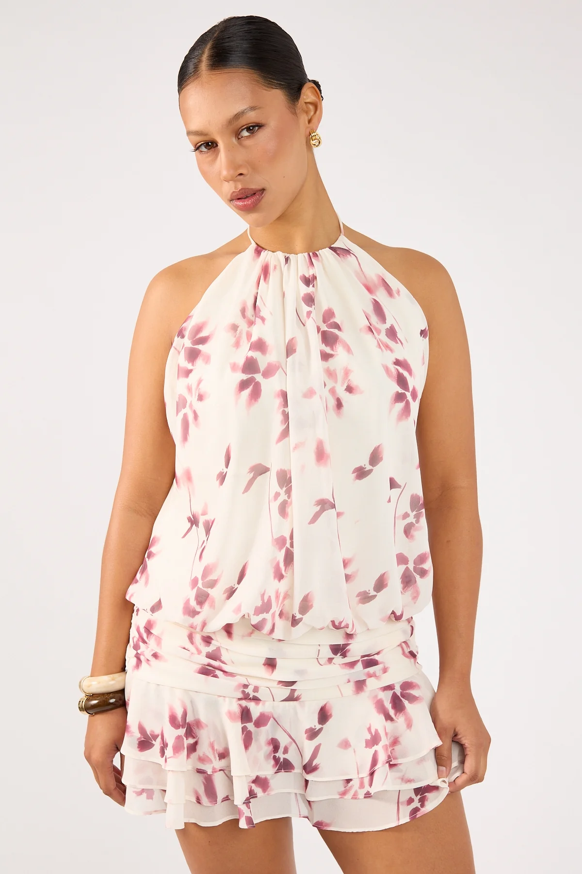 Perfect Stranger Charlotte Halter Mini Dress Burgundy Print - Image 3