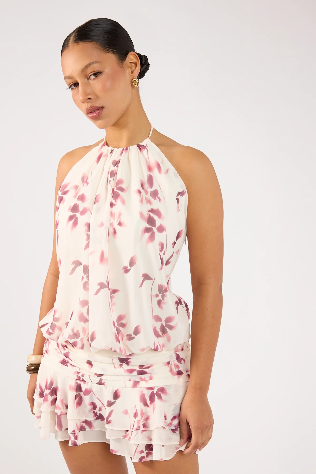 Perfect Stranger Charlotte Halter Mini Dress Burgundy Print - Image 4