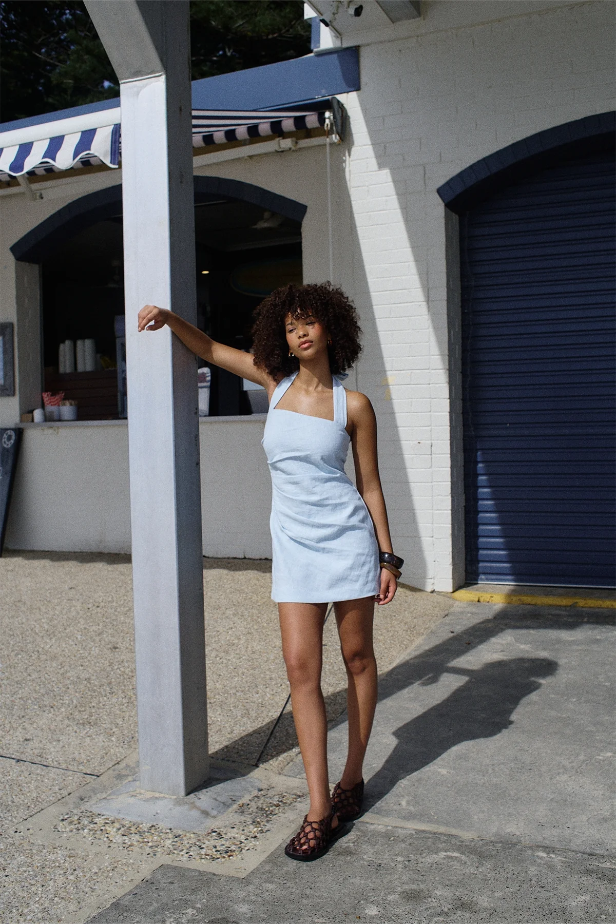Perfect Stranger Claire Linen Halter Mini Dress Blue - Image 3