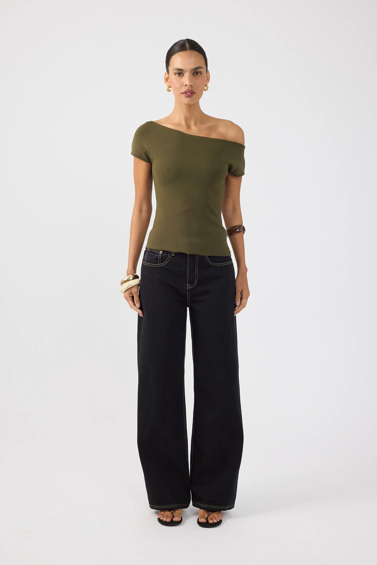 Perfect Stranger Claude One Shoulder Knit Top Khaki