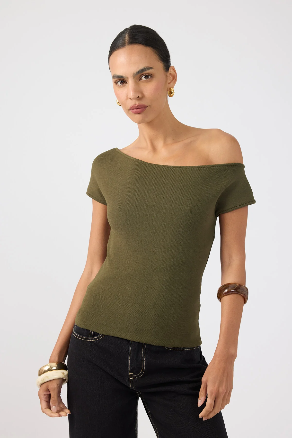 Perfect Stranger Claude One Shoulder Knit Top Khaki - Image 2