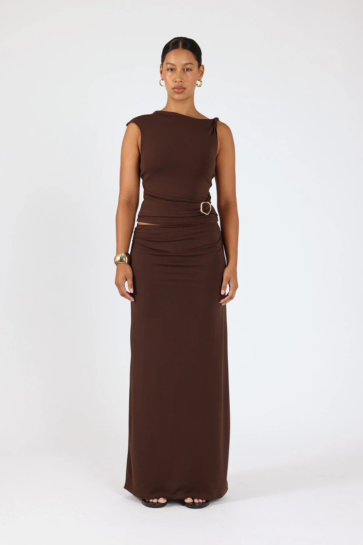Perfect Stranger Dorian Draped Buckle Top Brown - Image 3