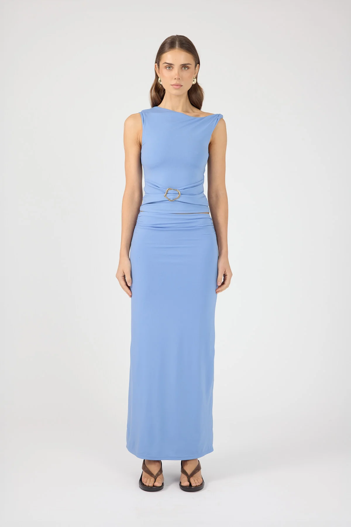Perfect Stranger Dorian Draped Buckle Top Periwinkle Blue