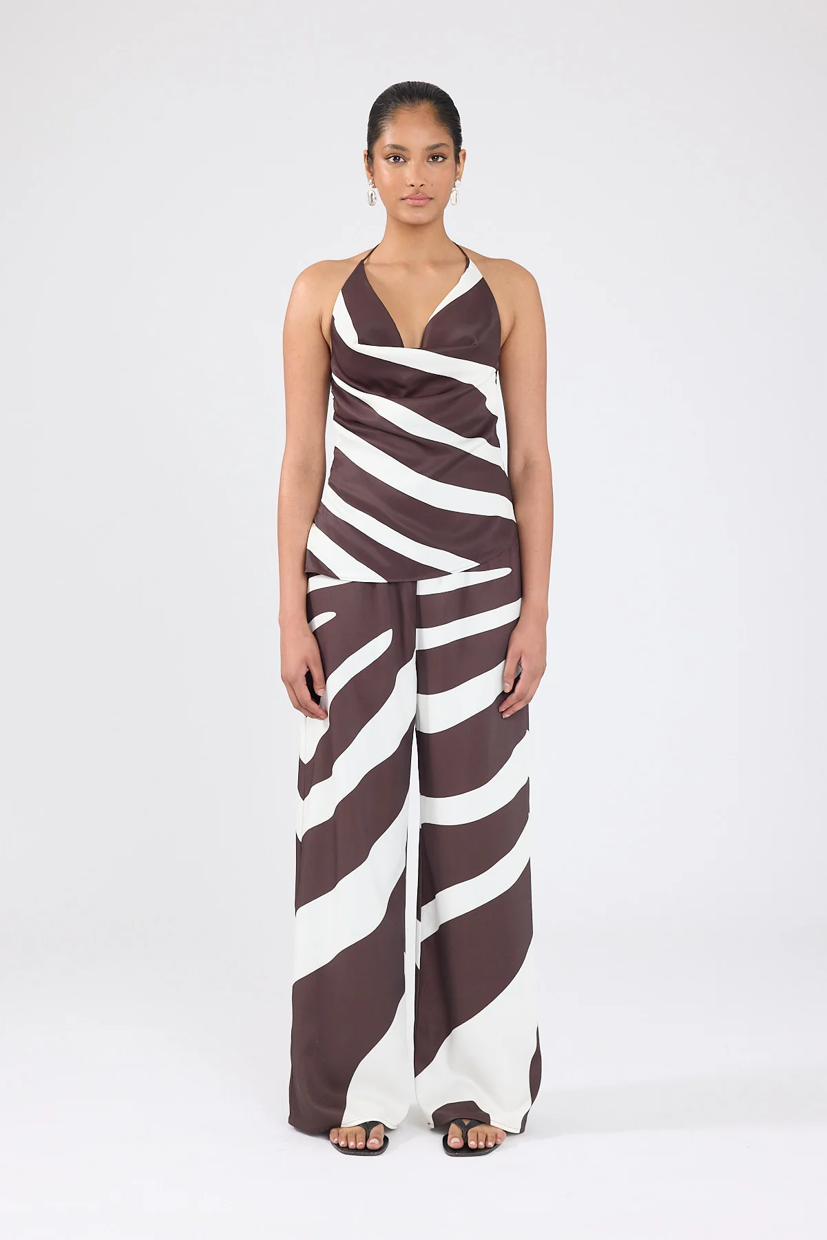 Perfect Stranger Drift Printed Cowl Neck Top Brown/White Print