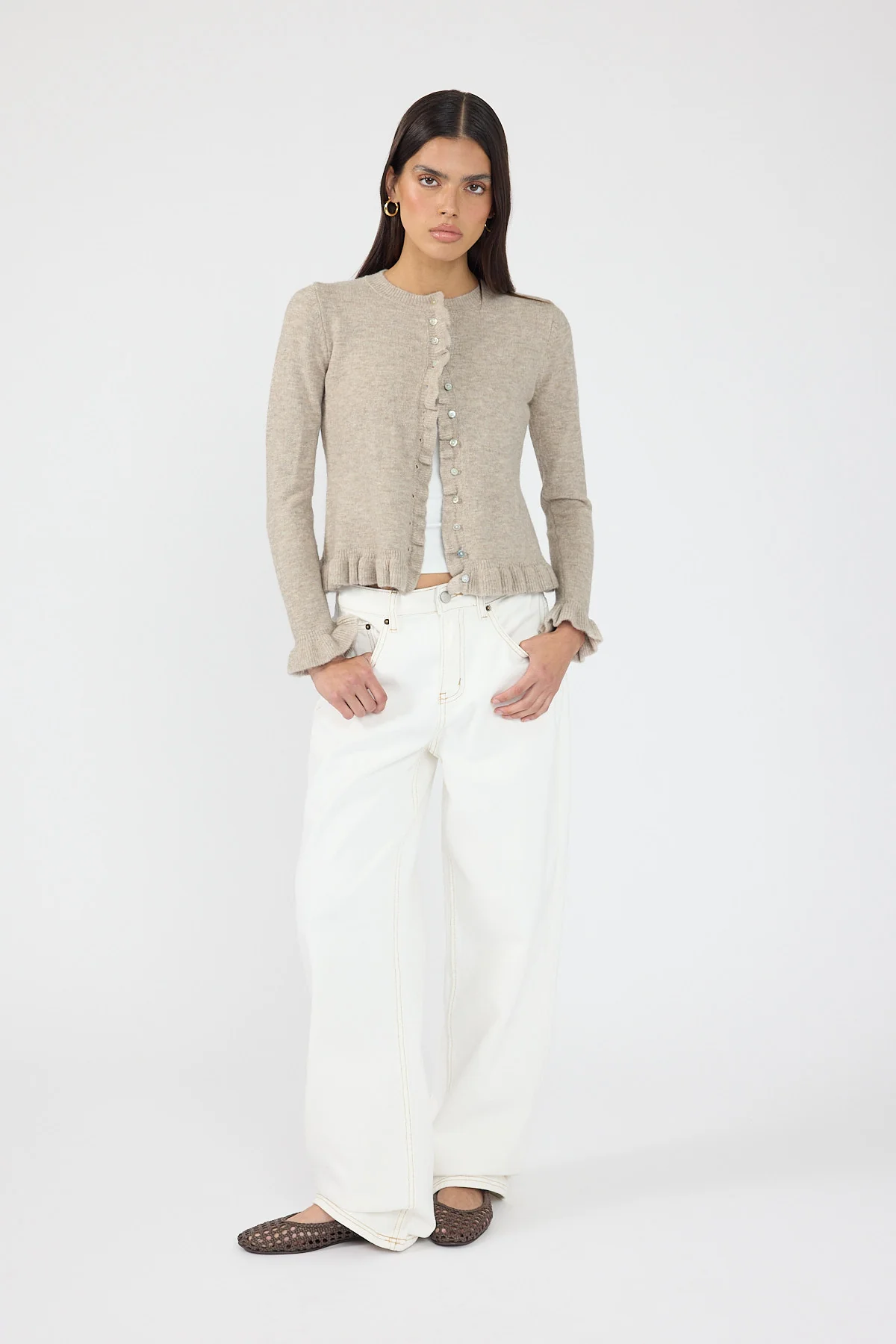 Perfect Stranger Elena Frill Knit Cardigan Taupe