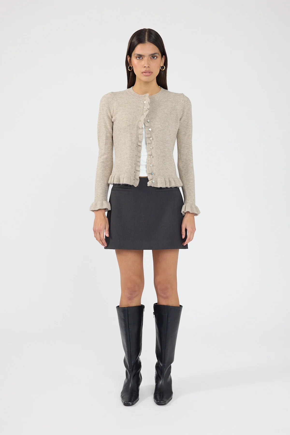 Perfect Stranger Elena Frill Knit Cardigan Taupe - Image 10
