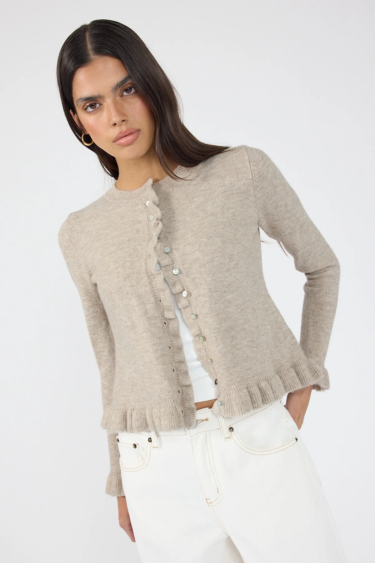 Perfect Stranger Elena Frill Knit Cardigan Taupe - Image 7