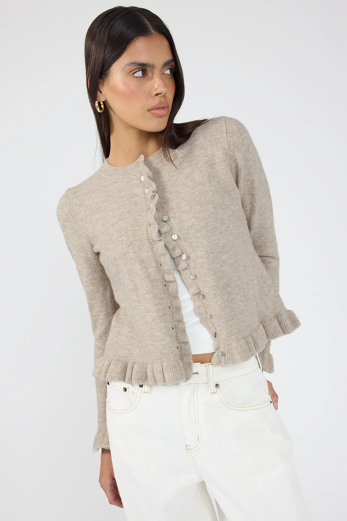 Perfect Stranger Elena Frill Knit Cardigan Taupe - Image 8