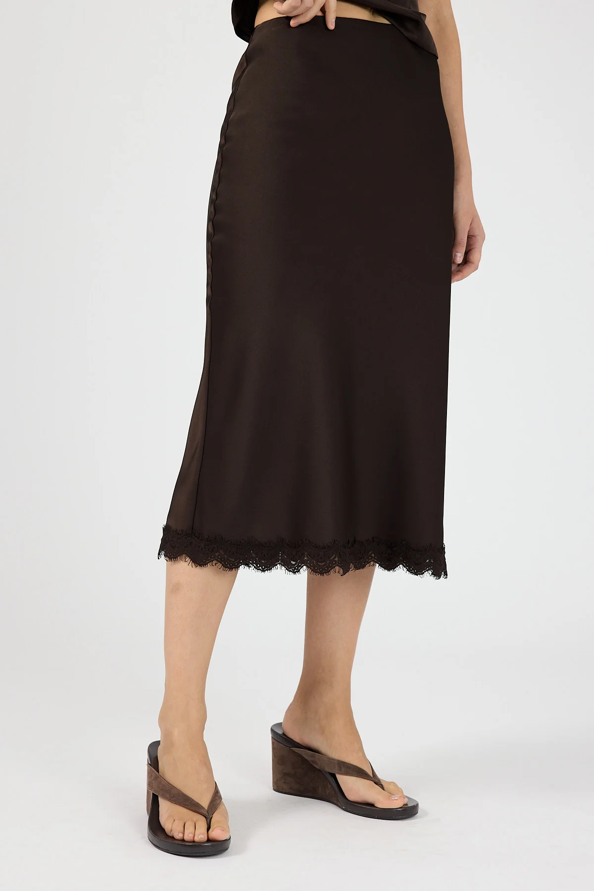 Perfect Stranger Evoke Satin Lace Midi Skirt Brown - Image 3