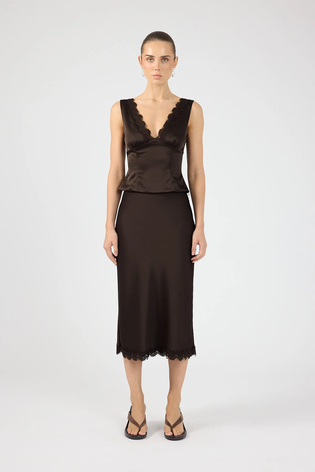 Perfect Stranger Evoke Satin Lace Midi Skirt Brown - Image 4