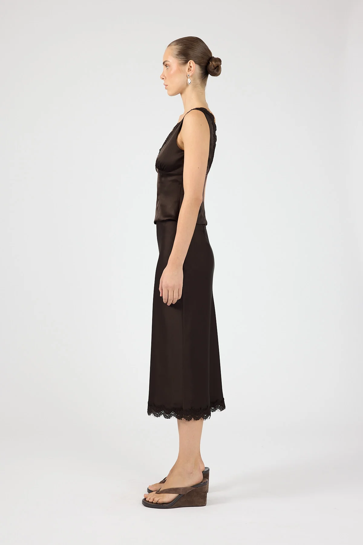 Perfect Stranger Evoke Satin Lace Midi Skirt Brown - Image 5
