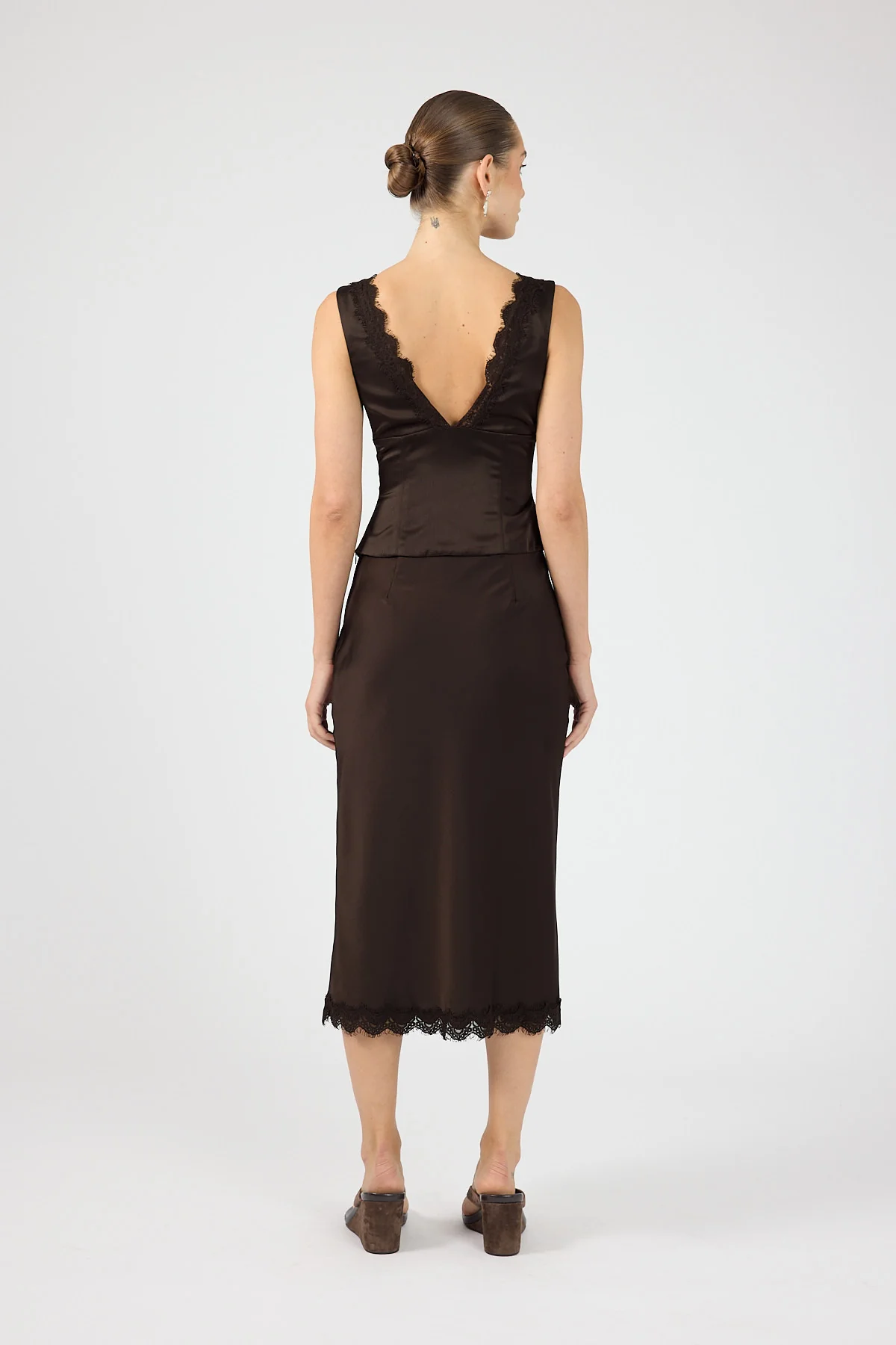 Perfect Stranger Evoke Satin Lace Midi Skirt Brown - Image 6
