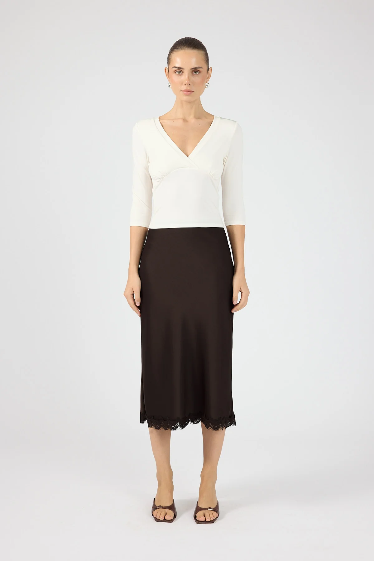 Perfect Stranger Evoke Satin Lace Midi Skirt Brown - Image 7