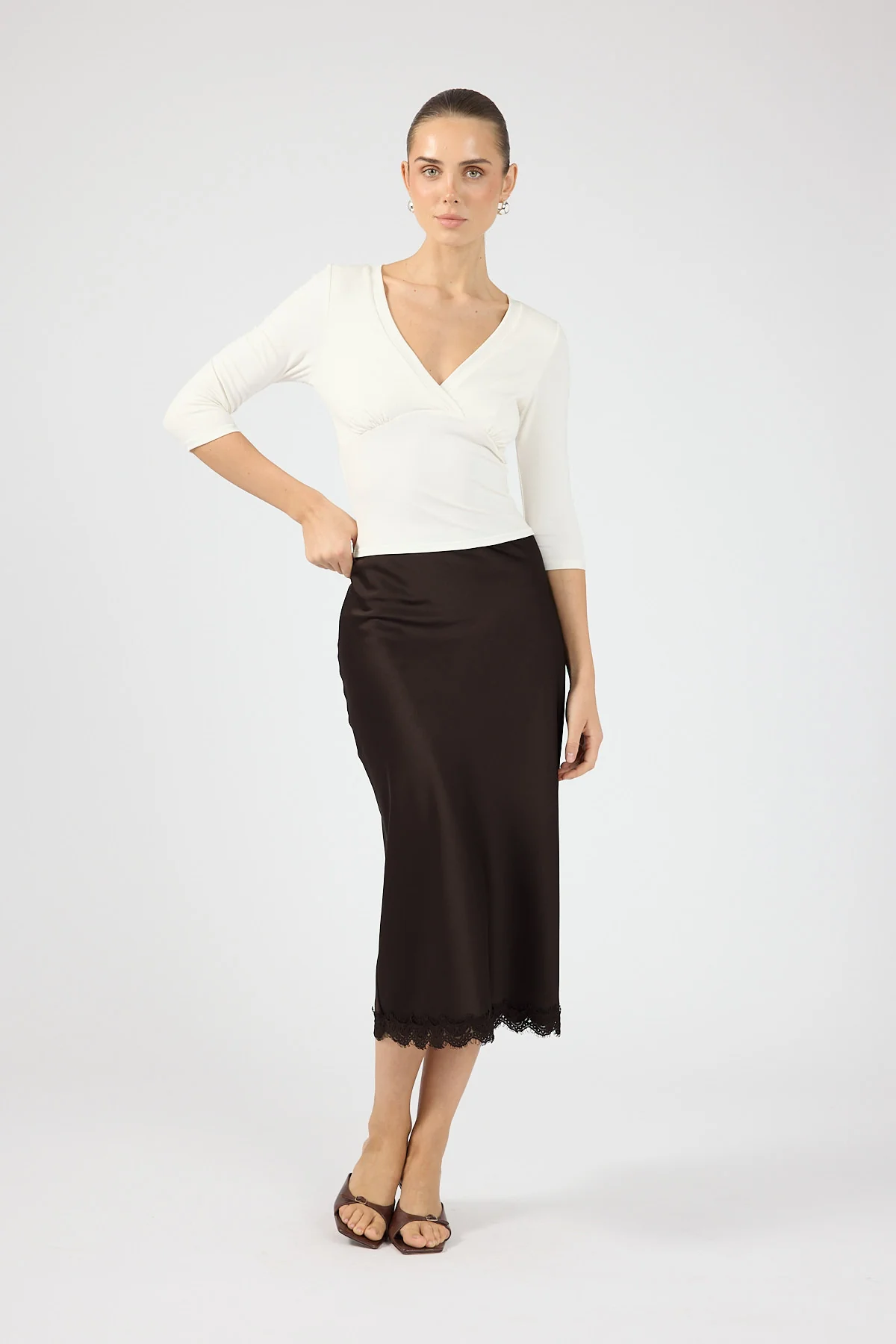 Perfect Stranger Evoke Satin Lace Midi Skirt Brown - Image 8