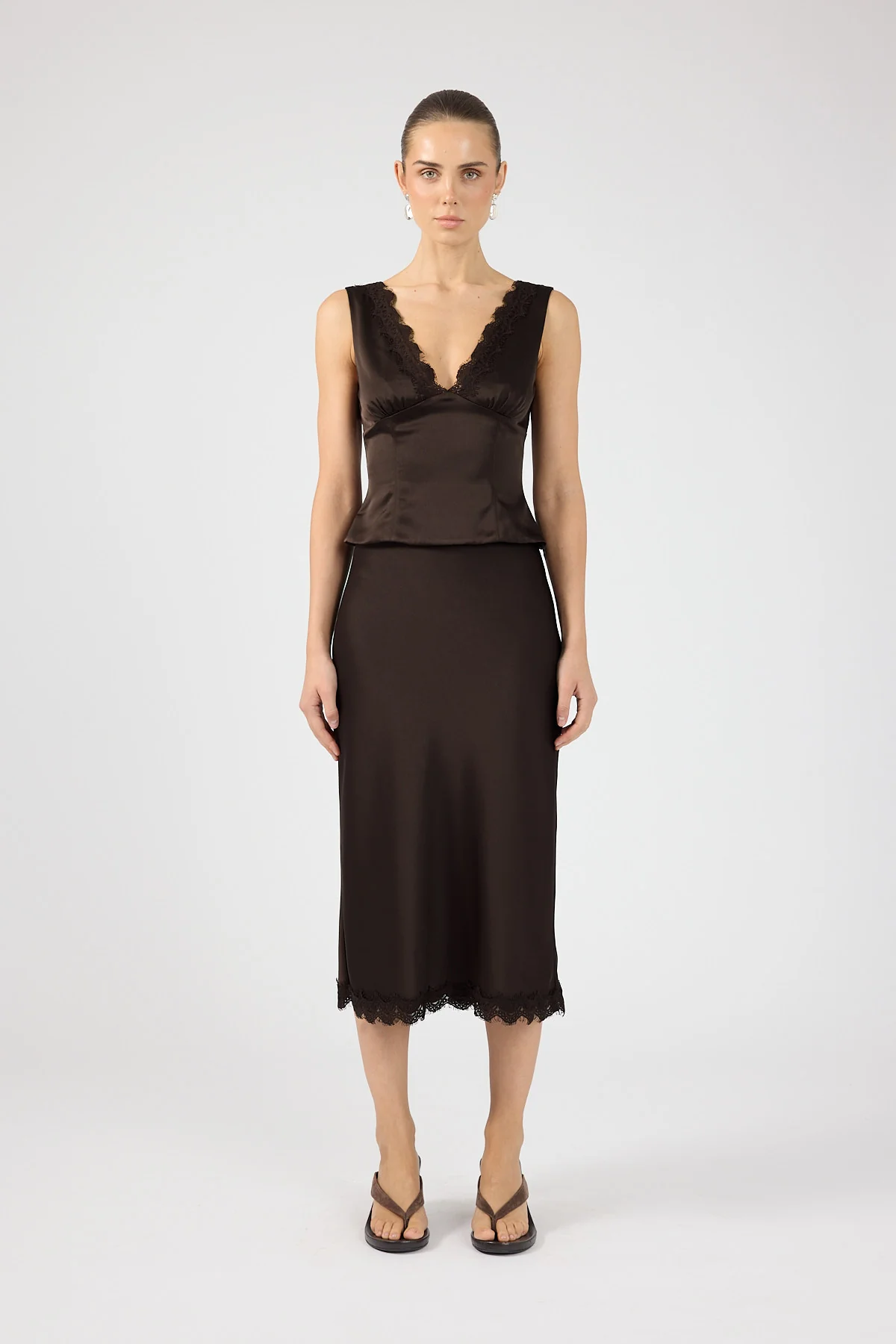 Perfect Stranger Evoke Satin Lace Top Brown