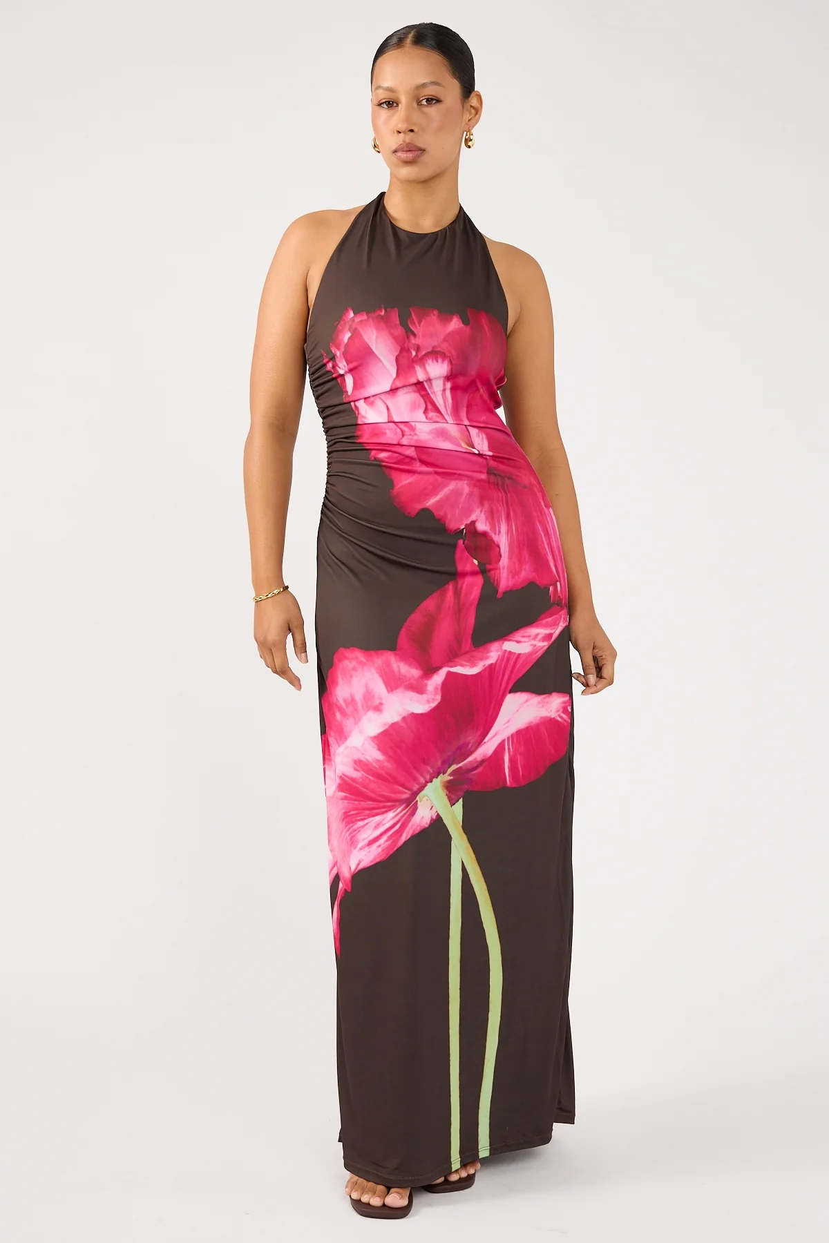 Perfect Stranger Full Bloom High Neck Maxi Dress Brown Print - Image 3