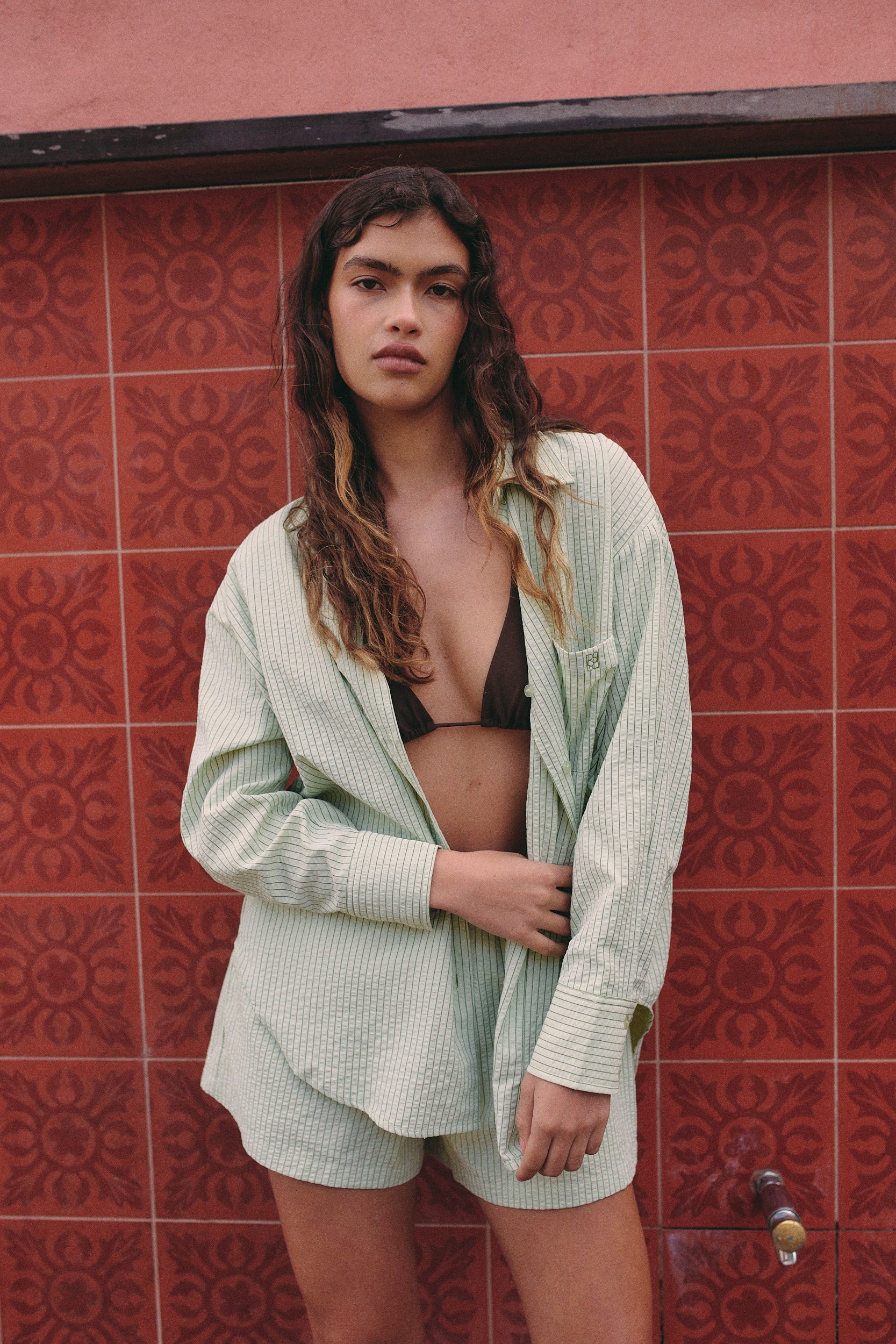 Perfect Stranger Halsey Striped Oversized Shirt Green Stripe - Image 2
