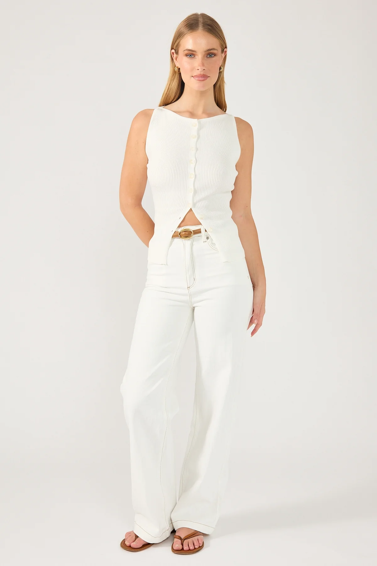 Perfect Stranger High Neck Button Up Rib Knit Top White