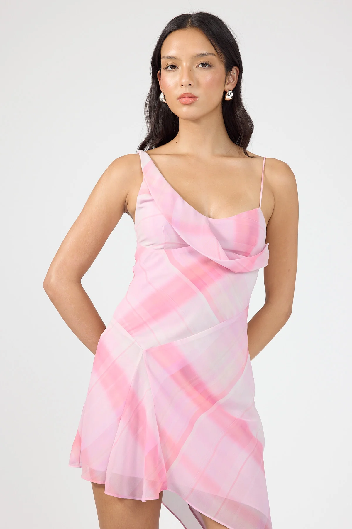 Perfect Stranger Juliet Asymmetrical Mini Dress Pink Check - Image 2