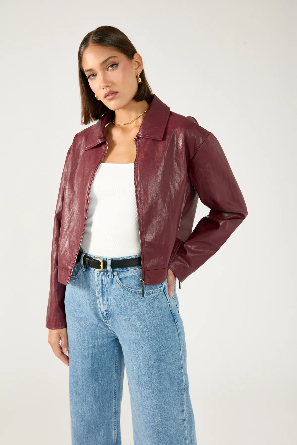 Perfect Stranger Kandice Faux Leather Zip Up Jacket Burgundy