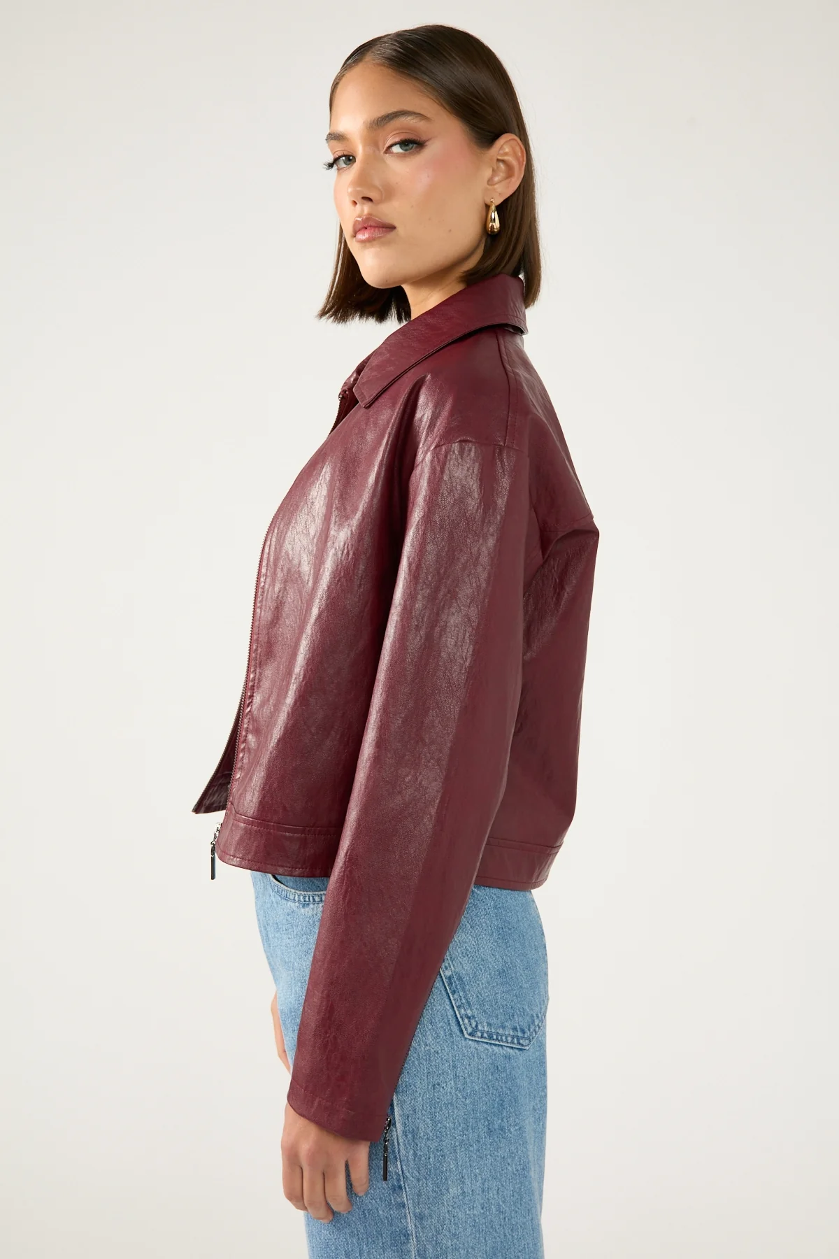 Perfect Stranger Kandice Faux Leather Zip Up Jacket Burgundy - Image 5