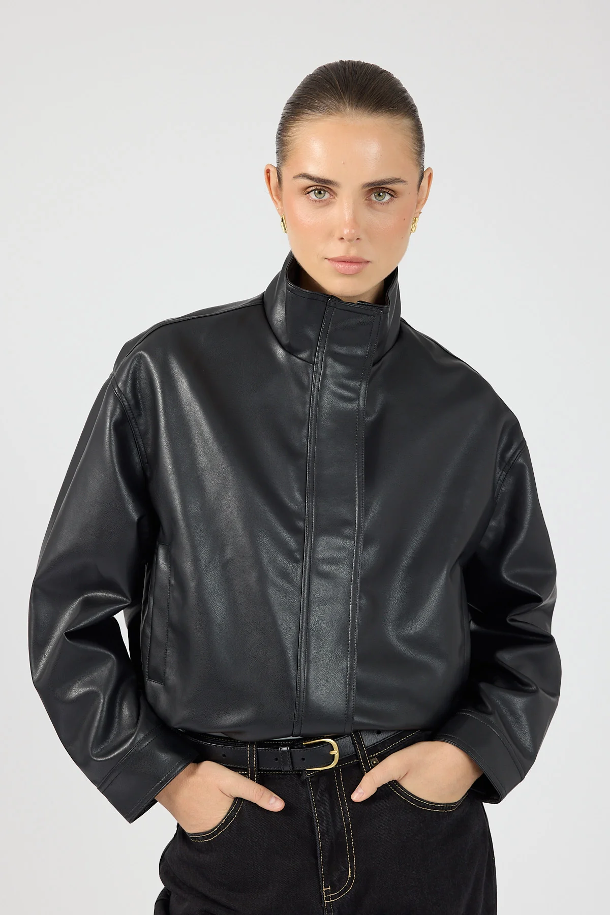 Perfect Stranger Leo Funnel Neck Faux Leather Bomber Jacket Black - Image 4