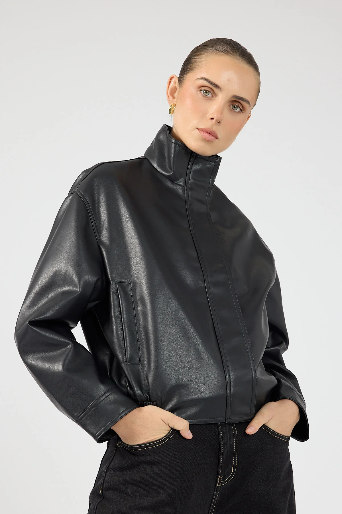 Perfect Stranger Leo Funnel Neck Faux Leather Bomber Jacket Black - Image 5