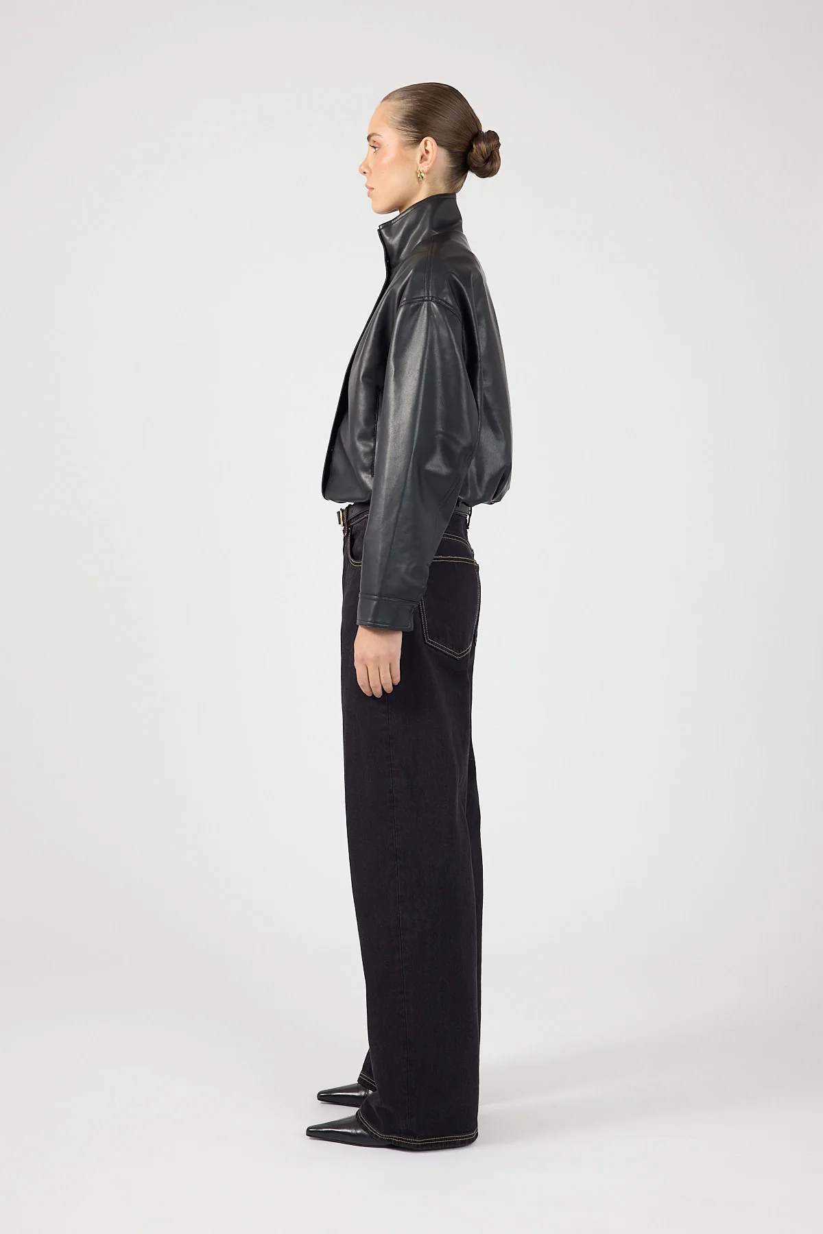 Perfect Stranger Leo Funnel Neck Faux Leather Bomber Jacket Black - Image 6