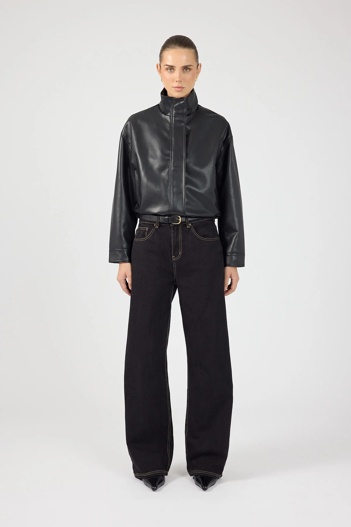 Perfect Stranger Leo Funnel Neck Faux Leather Bomber Jacket Black - Image 8