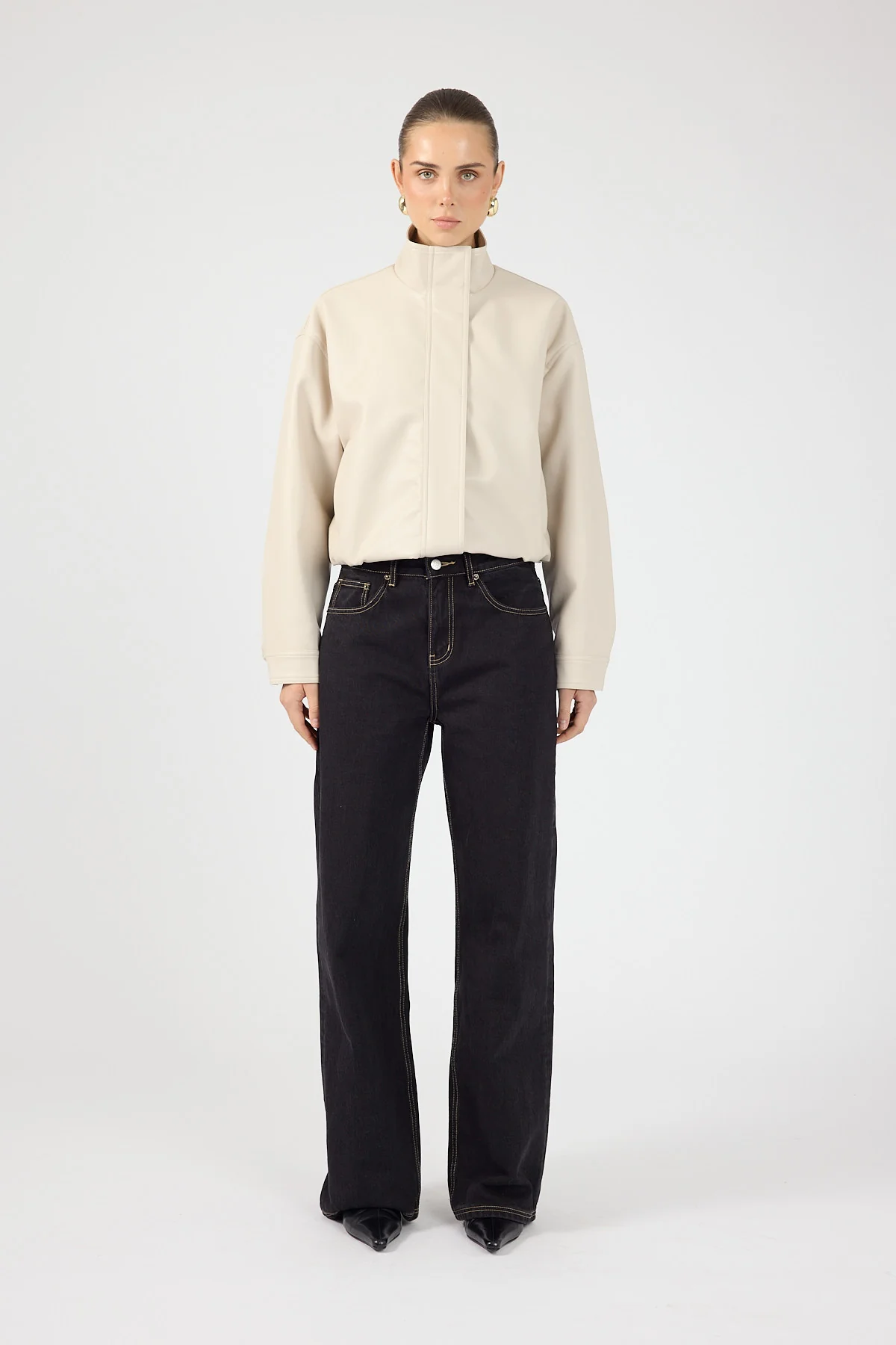 Perfect Stranger Leo Funnel Neck Faux Leather Bomber Jacket Stone