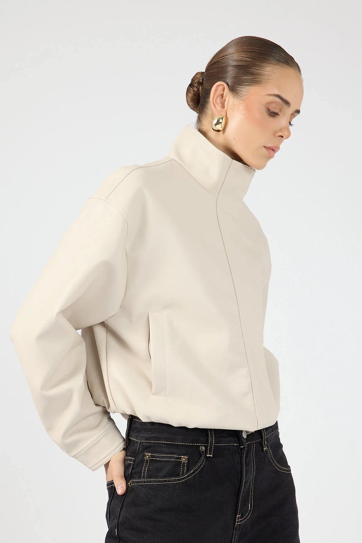 Perfect Stranger Leo Funnel Neck Faux Leather Bomber Jacket Stone - Image 6