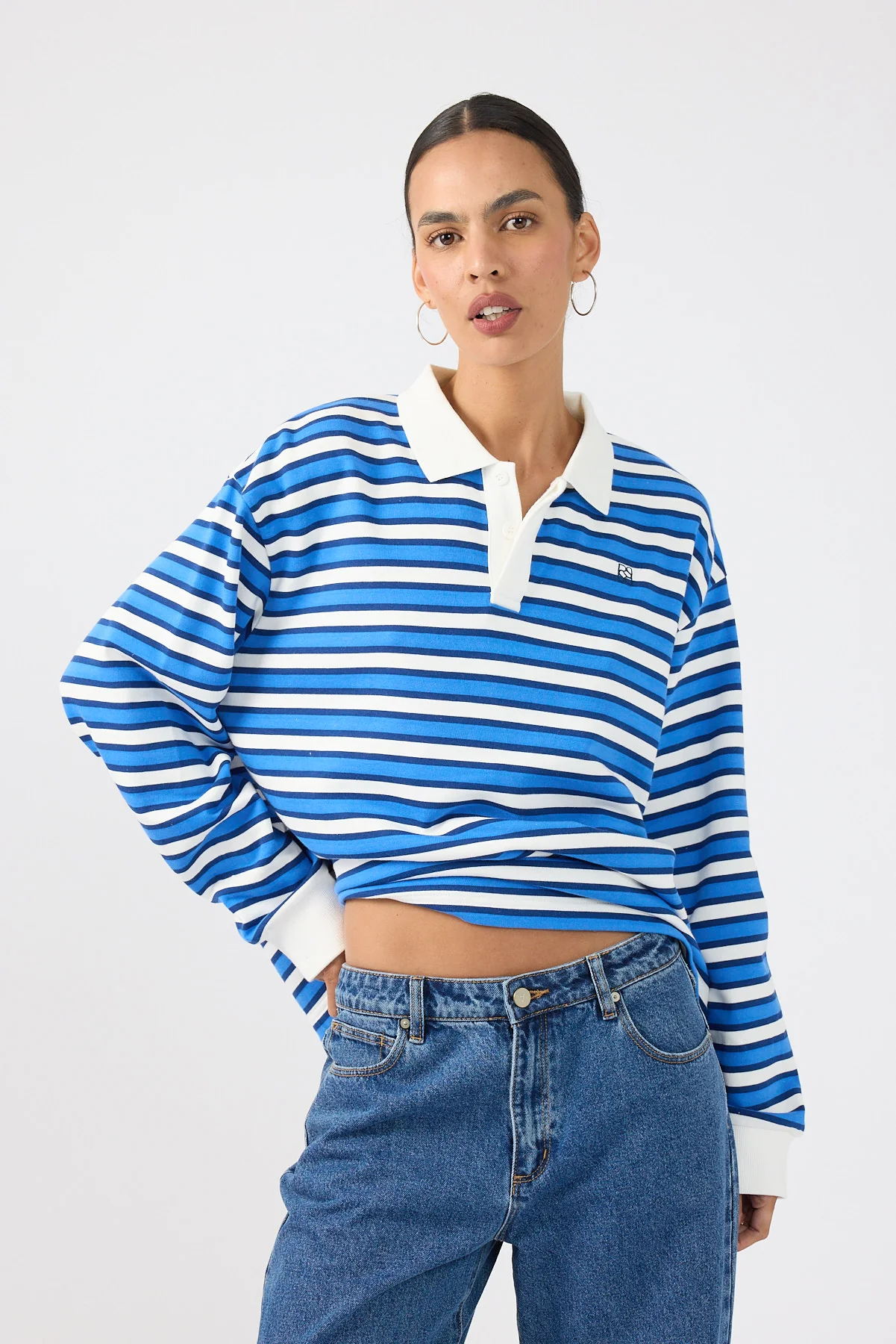 Perfect Stranger Leon Stripe Rugby Fleece Top Blue Stripe - Image 6