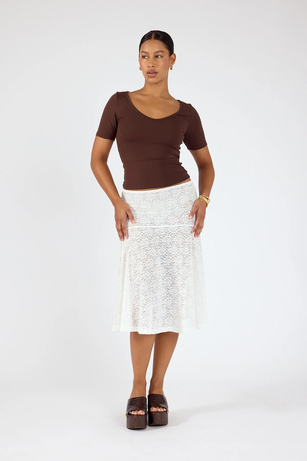 Perfect Stranger Longline V-Neck Tee Brown