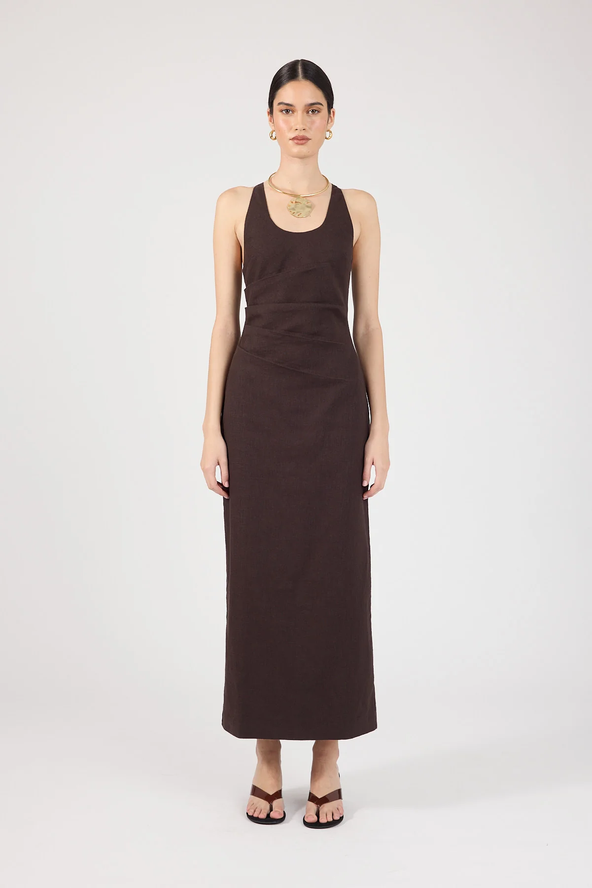 Perfect Stranger Madison Linen Maxi Dress Dark Brown