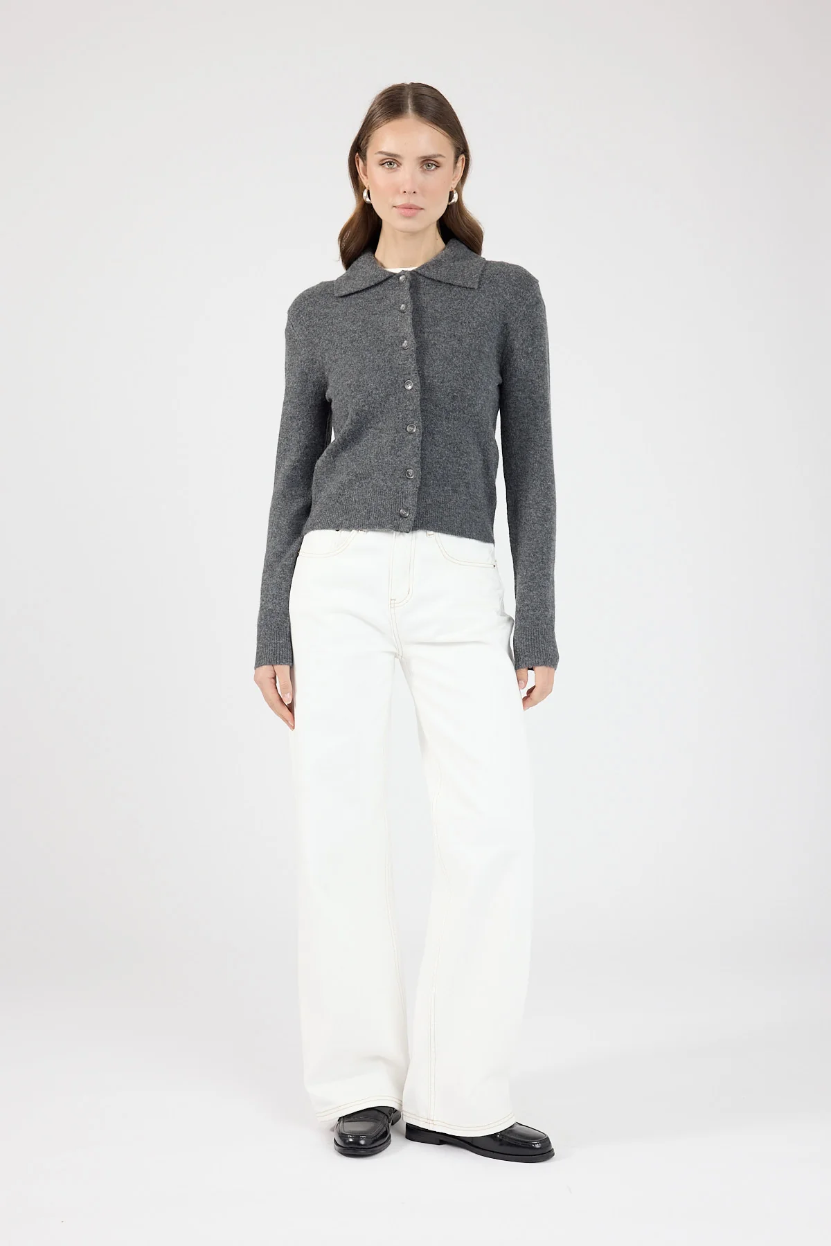 Perfect Stranger Maia Collared Knit Cardigan Charcoal