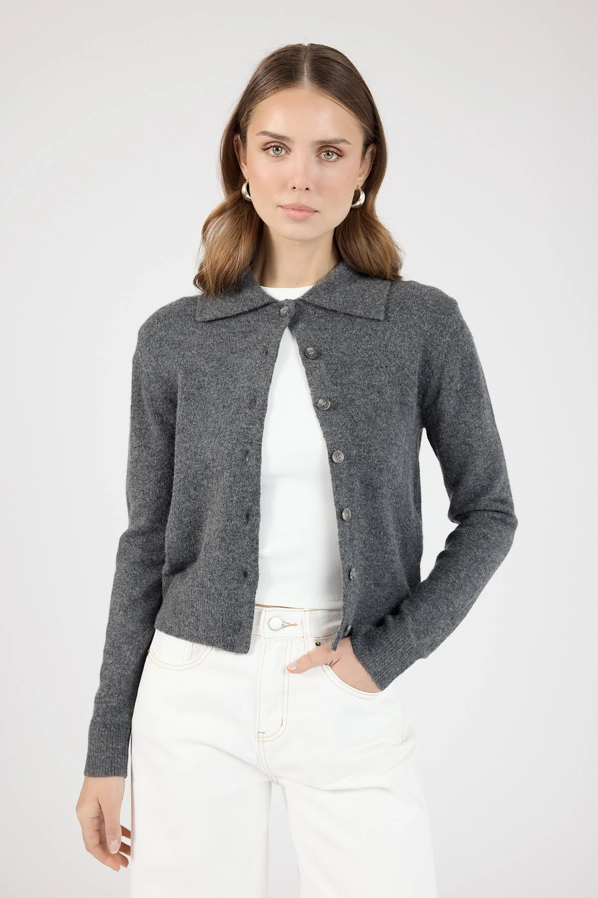 Perfect Stranger Maia Collared Knit Cardigan Charcoal - Image 4