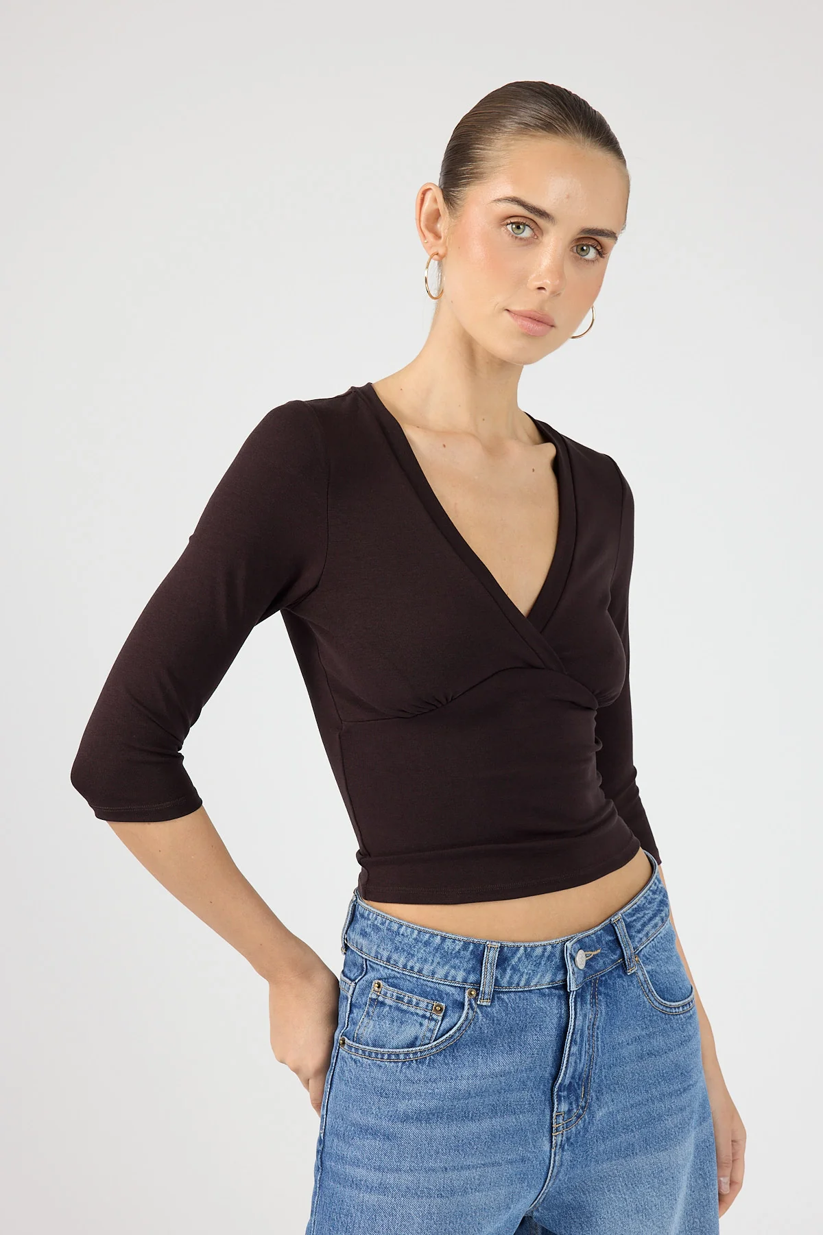 Perfect Stranger Mara V-Neck 3/4 Sleeve T-Shirt Dark Plum - Image 5