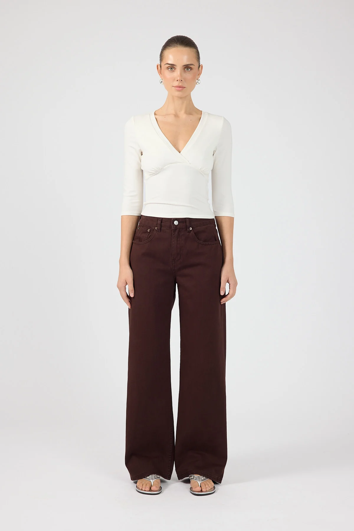 Perfect Stranger Mara V-Neck 3/4 Sleeve T-Shirt Off White - Image 5