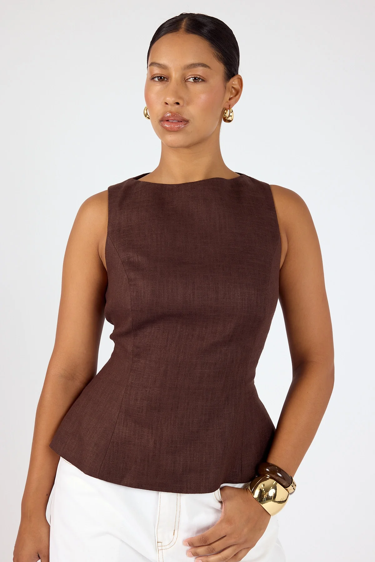 Perfect Stranger Menorca Boat Neck Top Brown - Image 2